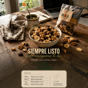 Combo saludable de frutos secos y frutas deshidratadas de BOX distribuidora.